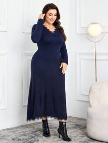 Modelyn 大码女式休闲修身长袖毛衣连衣裙秋冬女装 - 藏蓝色 - 查看 3