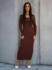 SAYEHFBABY Autumn Wear Solid Color Square Neck Tight Black Long-Sleeved Dress