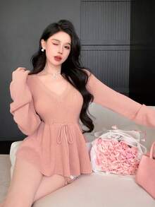 DAZY 女士优雅通勤V领荷叶边拼接收腰长袖针织毛衣，纯色，简约，适合秋冬季 - 粉色 - 查看 8