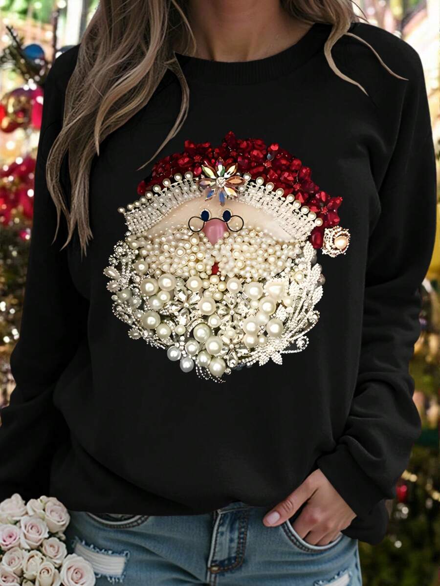 INAWLY Áo sweatshirt nữ họa tiết ông già Noel, thích hợp cho kỳ nghỉ xuân, trang phục nghỉ dưỡng mùa xuân. - màu đen - Xem 1