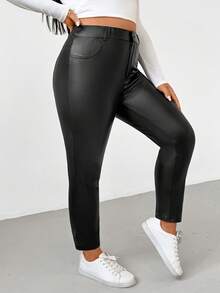 SHEIN Essnce Plus Size Women's Black Winter Smart Casual Date Night Thermal Lined PU Leather Leggings, Stretch Pocket Pants,Warm Fall Clothes For Women - Black - View 5