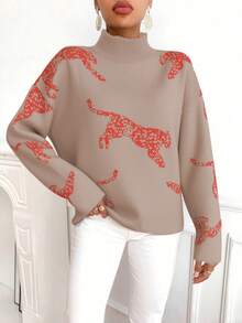SHEIN Clasi Women's Casual Animal Pattern Stand Collar Sweater, Autumn/Winter, Christmas - Apricot - View 4