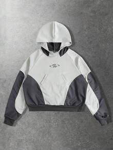 ROMWE MEN Casual Áo nỉ có mũ trùm đầu dáng rộng màu sắc cho nam, áo dài tay - Xám - Xem 1