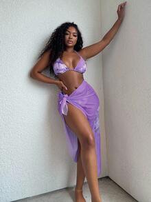 Alexandranx 3 件套女士夏季海滩度假装，花卉印花比基尼套装和网眼系带沙滩裙，波西米亚度假风格 - 紫色 - 查看 1