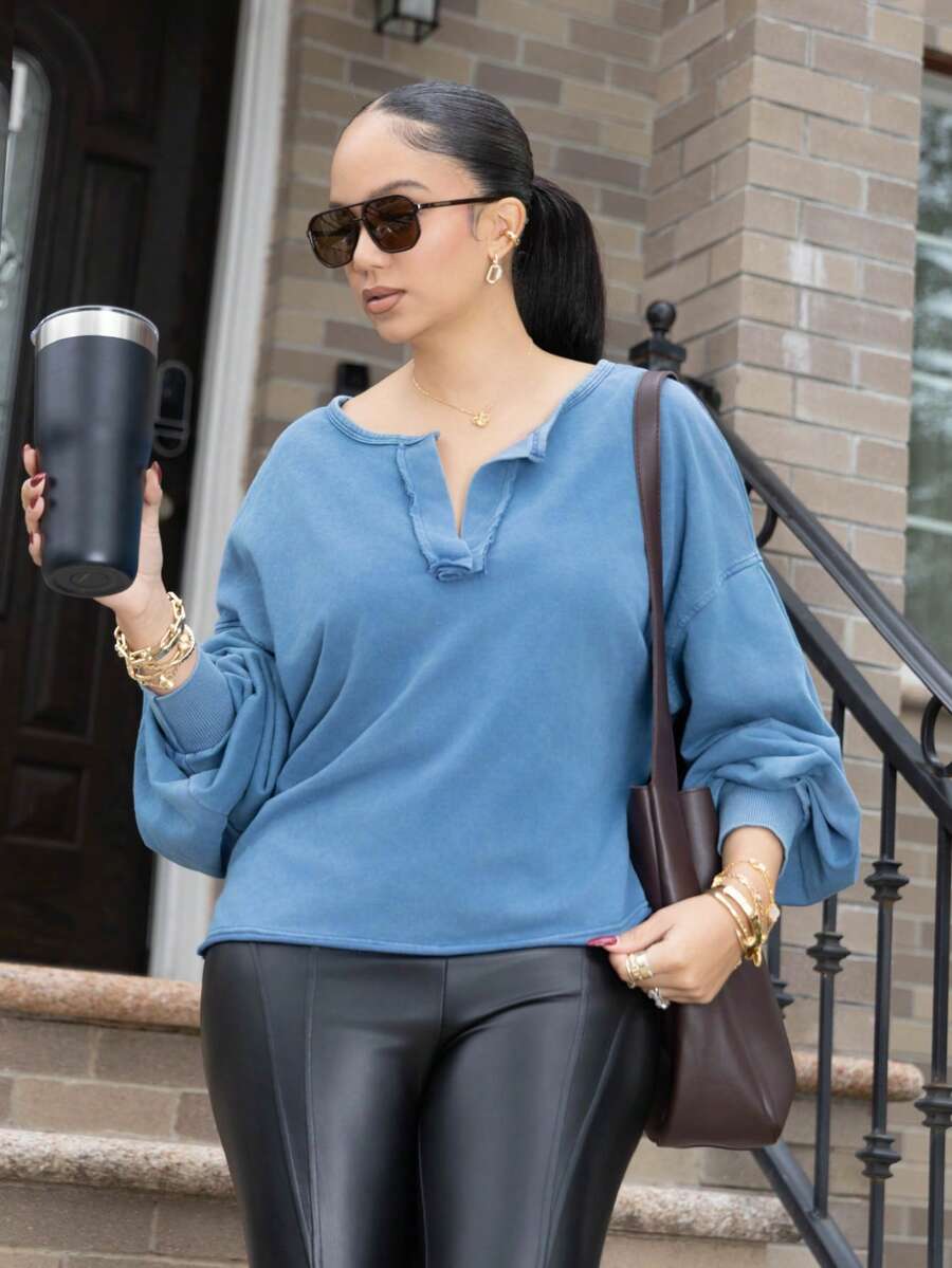 Melissa Matos 1pc Women Solid Color V-Neck Knit Long Sleeve Loose Pullover Sweatshirt,Long Sleeve Tops In Fall/Winter - Blue - View 1