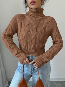 Elenzga Women's Casual Solid Color Cable Knit Turtleneck Sweater, Autumn/Winter - Coffee Brown - View 7