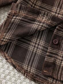 SHEIN Playful Pals 3件套女婴时尚别致套装：格子长袖衬衫+背带短款露脐上衣+喇叭牛仔裤休闲套装 - 棕色 - 查看 6