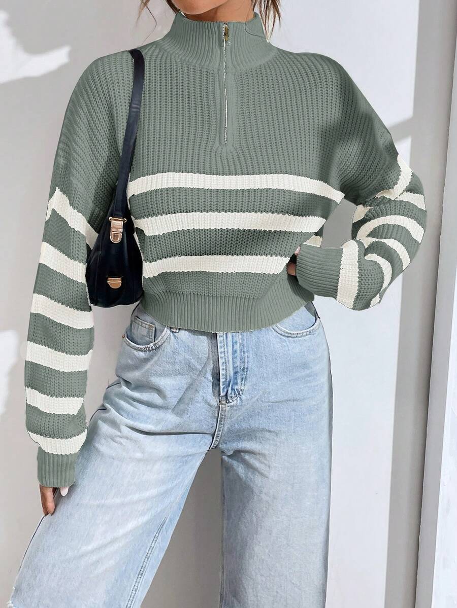 SHEIN Unity Suéter holgado de manga larga con cuello alto, media cremallera y patrón de rayas para mujer - Multicolor - Ver 1
