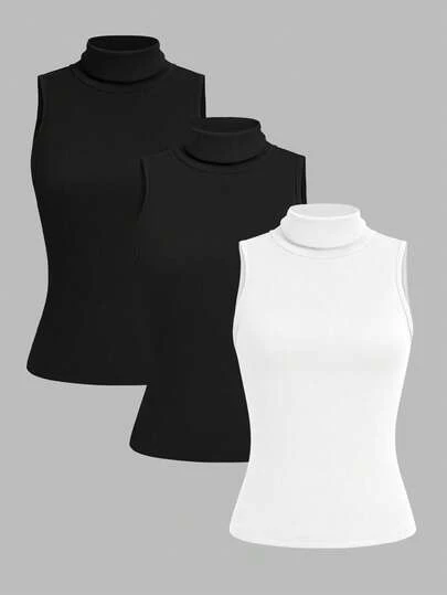 SHEIN LUNE 3pcs Women High Neck Solid Color Casual Fitted Camisole Set