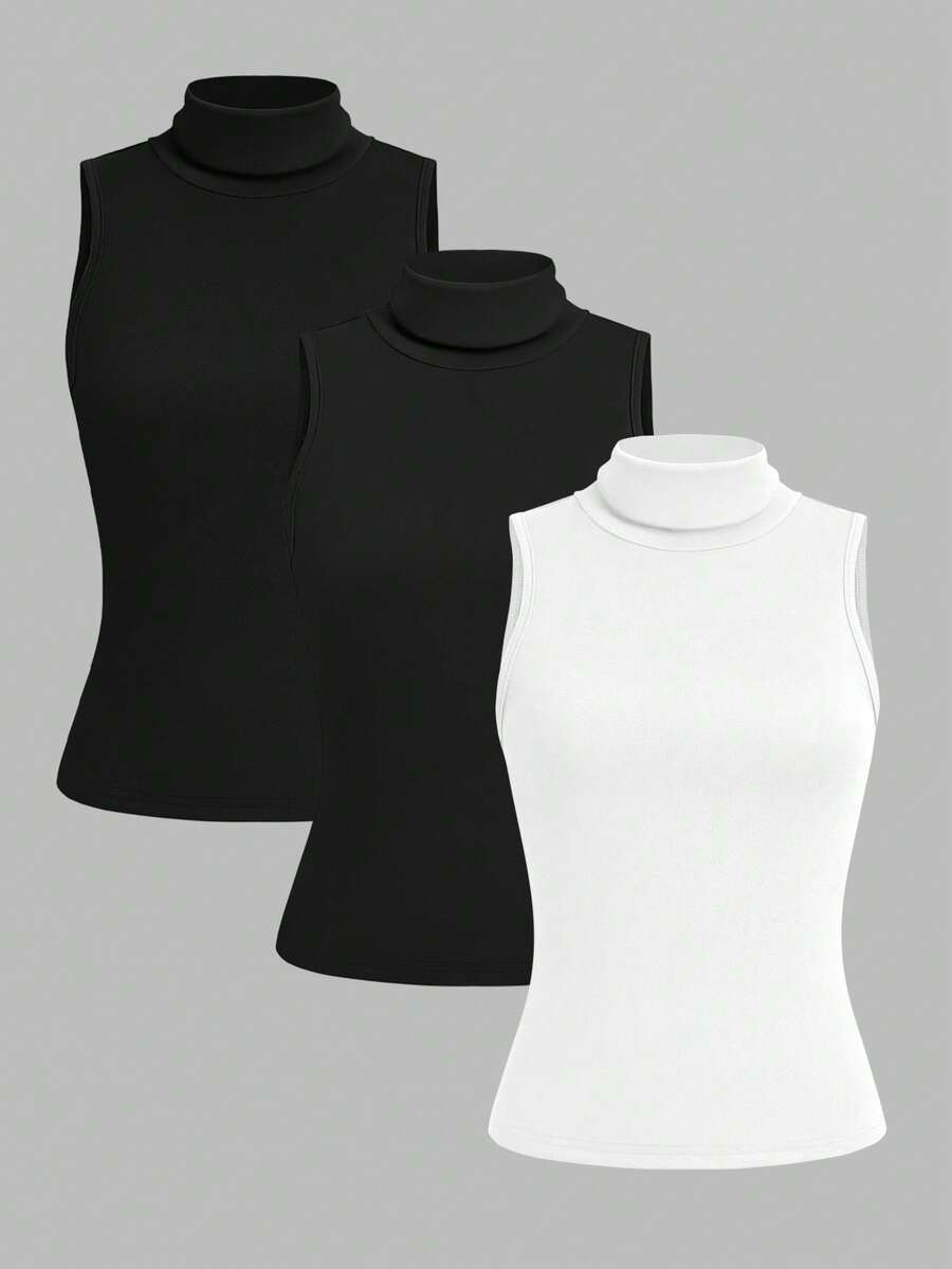 SHEIN LUNE 3件套女士高领纯色休闲修身吊带背心套装 - 彩色 - 查看 1