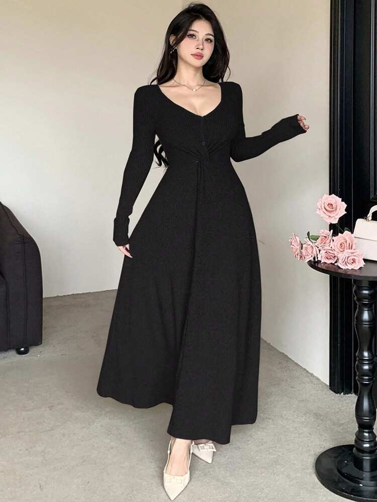 DAZY 女士优雅纯色V领扭结中长连衣裙，秋冬款 - 黑色 - 查看 4