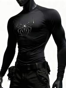 Manfinity EMRG 男士休闲蜘蛛印花圆领长袖T恤压缩衣 - 黑色 - 查看 3