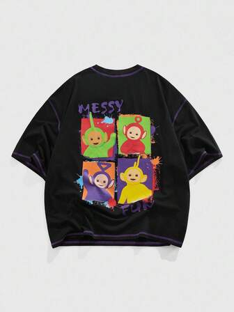 Teletubbies X ROMWE T-shirt casual da uomo a maniche corte con grafica di cartoni animati e lettere, estiva
