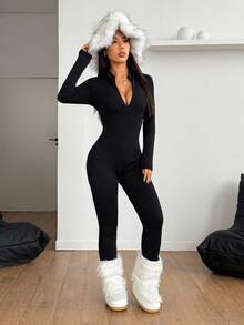 SHEIN PETITE Bộ đồ liền thân lót nhiệt tay dài, cổ đứng, màu trơn, khóa kéo phía trước dành cho nữ, dáng ôm, thu/đông, nhỏ nhắn - màu đen - Xem 8