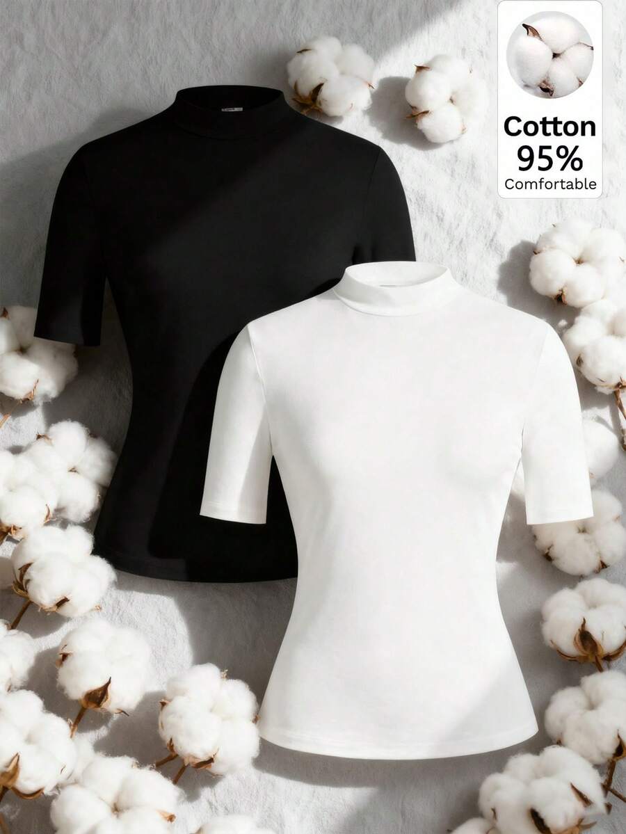 SHEIN EZwear Casual 2pcs/Set Women 95% Cotton Turtleneck Fitted Long Sleeve Base Layer T-Shirt Set - Black and White - View 1