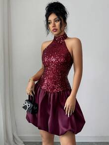 Elenzga Women's Sequins Embellished Satin Lined High Neck Sleeveless Ruffle Hem Dress, Elegant Angola Red, Sophisticated, Vintage French Street Style, Versatile, Autumn/Winter, Suitable For Halloween, Christmas, Thanksgiving, Formal Parties, Cocktail Dresses - Burgundy - View 4