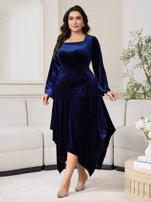 Modelyn Plus Size Women's Elegant Velvet Square Collar Flare Sleeve Asymmetrical Hem Dress, Autumn, Without Belt - Navy Blue - View 3