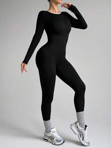 Slayform Slayform Seamless Yoga Jumpsuit,Black And White Contrast,Long Sleeves,Backless Criss-Cross Straps,Slim Fit One Piece For Autumn Athleisure,Gym,Pilates,Yoga - Black - View 5