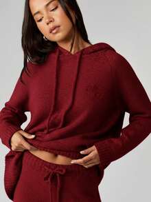 MISSGUIDED Knitted Oversized Hoodie Sweater With Logo Embroidery For Cozy Winter Layering Christmas - Burgundy - View 5