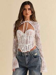 SHEIN BAE 夏季穿搭秋季内搭黑色蕾丝镂空上衣茶歇风宫廷风穿搭适合约会下午茶聚会旅行穿搭长袖上衣女上衣