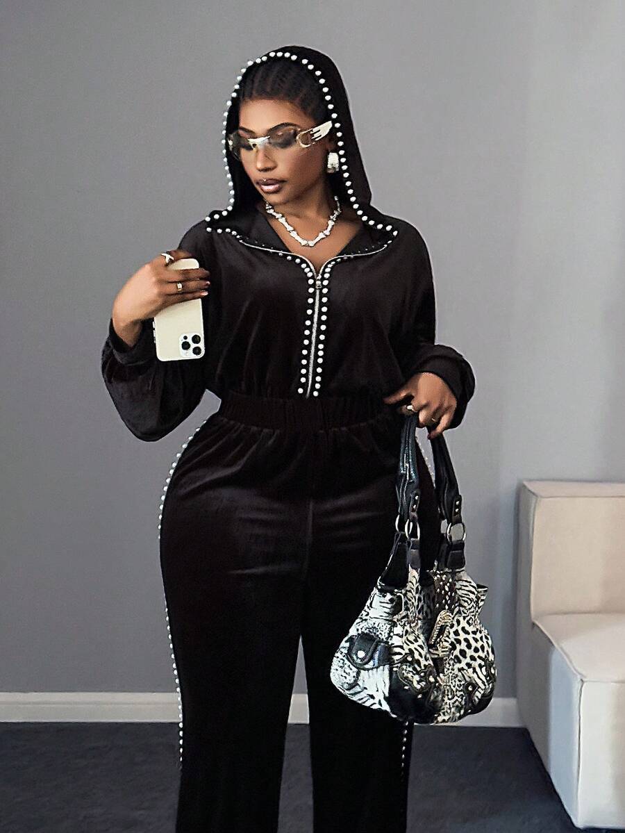 Maweii 大码女式新款弹力珍珠装饰连帽宽松休闲舒适百搭连体裤，适合通勤、新年和假期穿着 - 黑色 - 查看 1