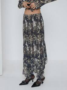 COUREZ Falda larga asimétrica con estampado de leopardo en malla, para fiesta, salida, sexy y elegante, estilo Y2K primaveral para mujer - Marrón Mocha - Ver 4