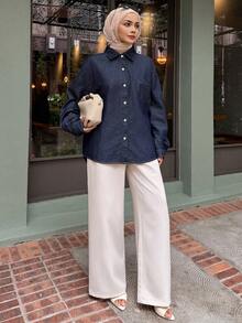 DAZY 女士休闲水洗牛仔长袖衬衫 - 深色水洗藍 - 查看 3