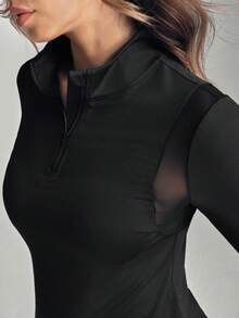 SHEIN Sports Women's Letter Print Long Sleeve Zip-Up Half Placket Fitted Sweatshirt Long Sleeve Active Wear - Black - View 3