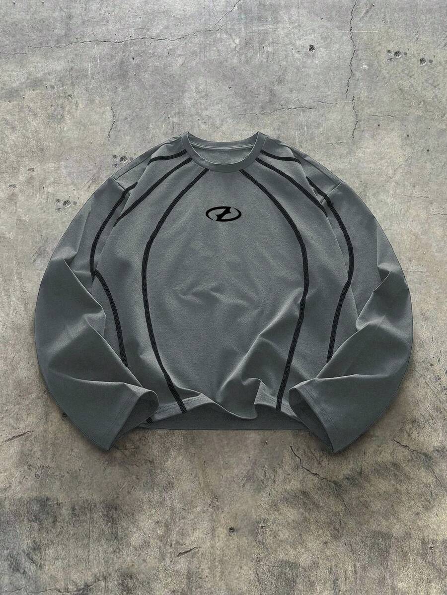 AXEPEAK 男式图案印花撞色边圆领休闲长袖 T 恤 - 灰色 - 查看 1