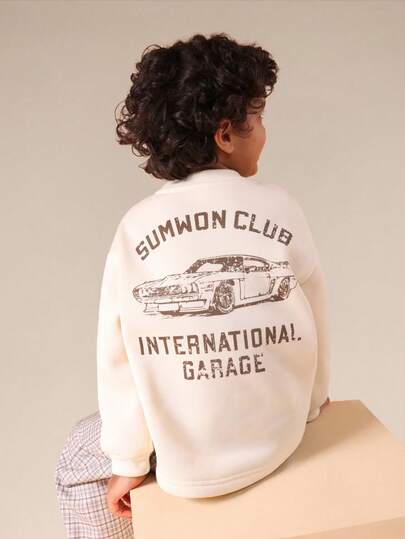 SUMWON Sudadera de cuello redondo para niños con estampado gráfico de coche vintage y diseño de texto en manga larga