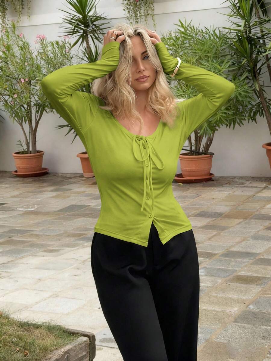 Jeta Ari Women's Sexy Solid Color Knit Elastic Crew Neck Belted Long Sleeve Slim Fit Button Decor Everyday Casual T-Shirt Fall Cloth For Women - Olive Green - View 1