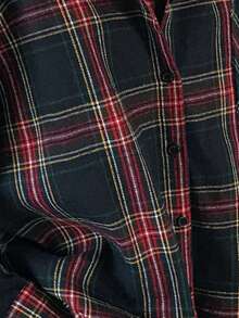 FRIFUL 女士格子落肩长袖单排扣休闲宽松衬衫 - 藏蓝色 - 查看 7