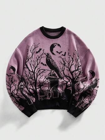 Street Life Men's Dark Tree Branch & Crow Embroidered Sweater