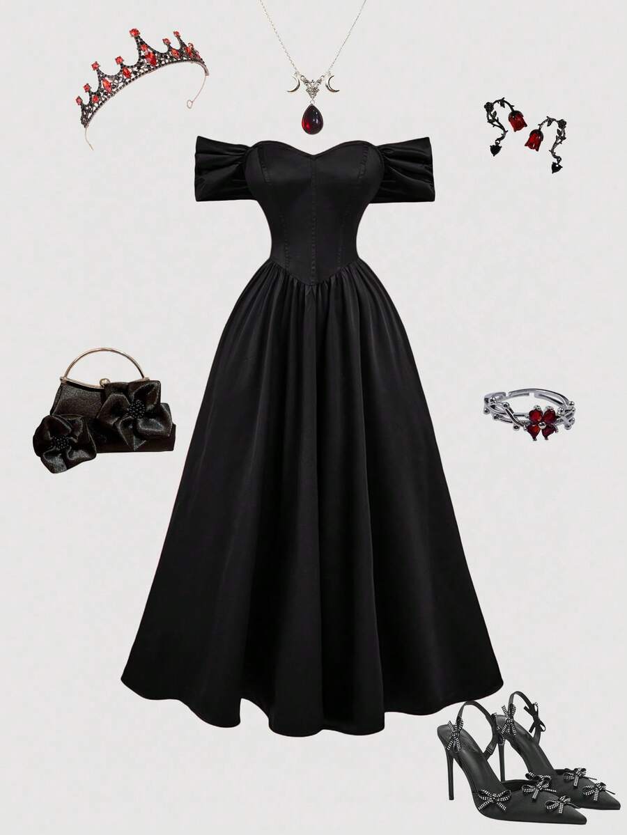 SHEIN MOD 一件式露肩系带黑色中长连衣裙 - 黑色 - 查看 1