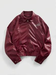 ROMWE MEN Goth Men's KPOP Printed Skull Lapel Long Sleeve Leather Jacket - Burgundy - View 2