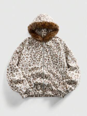 Street Life Sudadera con capucha con cremallera y estampado de leopardo de piel sintética para hombre, otoño/invierno