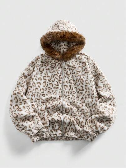 Street Life Sudadera con capucha con cremallera y estampado de leopardo de piel sintética para hombre, otoño/invierno