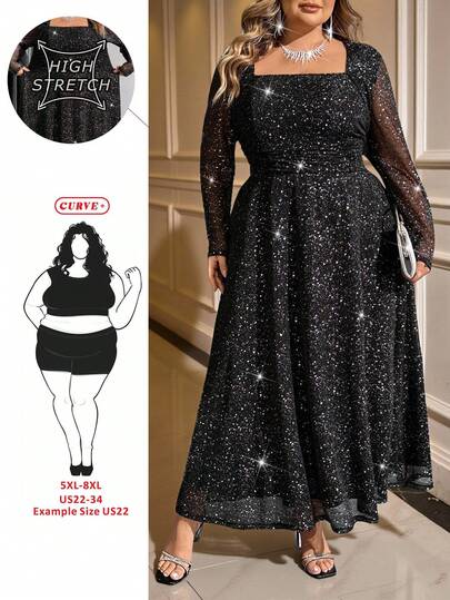 SHEIN CURVE+ 大码女式方领长袖弹力网眼亮腰 A 字优雅中长裙，适合秋冬穿着，适合聚会客人和户外穿着