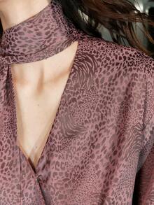 Airlisse Women's Leopard & Zebra Print Overlap V-Neck Long Sleeve Loose Fashion Shirt - Mauve Purple - View 5
