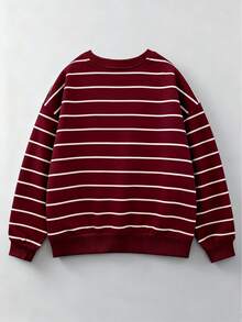 INAWLY 女士条纹针织套头卫衣，宽松长袖休闲上衣 - 酒紅色 - 查看 2