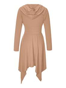 EMERY ROSE Knitted Casual Cinched Waist Long Sleeve Asymmetrical Hem Hooded Solid Color Dress - Khaki - View 5