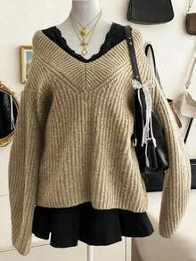 Lalippa Women's Casual Solid Color V-Neck Loose Knit Sweater, Autumn/Winter