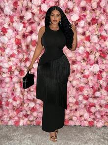 Veslaya Vestido maxi asimétrico de punto negro con parches, flecos y sin mangas para mujer talla grande, estilo vintage occidental, casual de negocios, elegante para oficina, calle, vacaciones, graduación o fiesta, colección otoño/invierno 2025