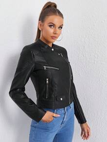 SHEIN Essnce Chaqueta de motociclista de PU con cremallera delantera para otoño/invierno - Negro - Ver 6