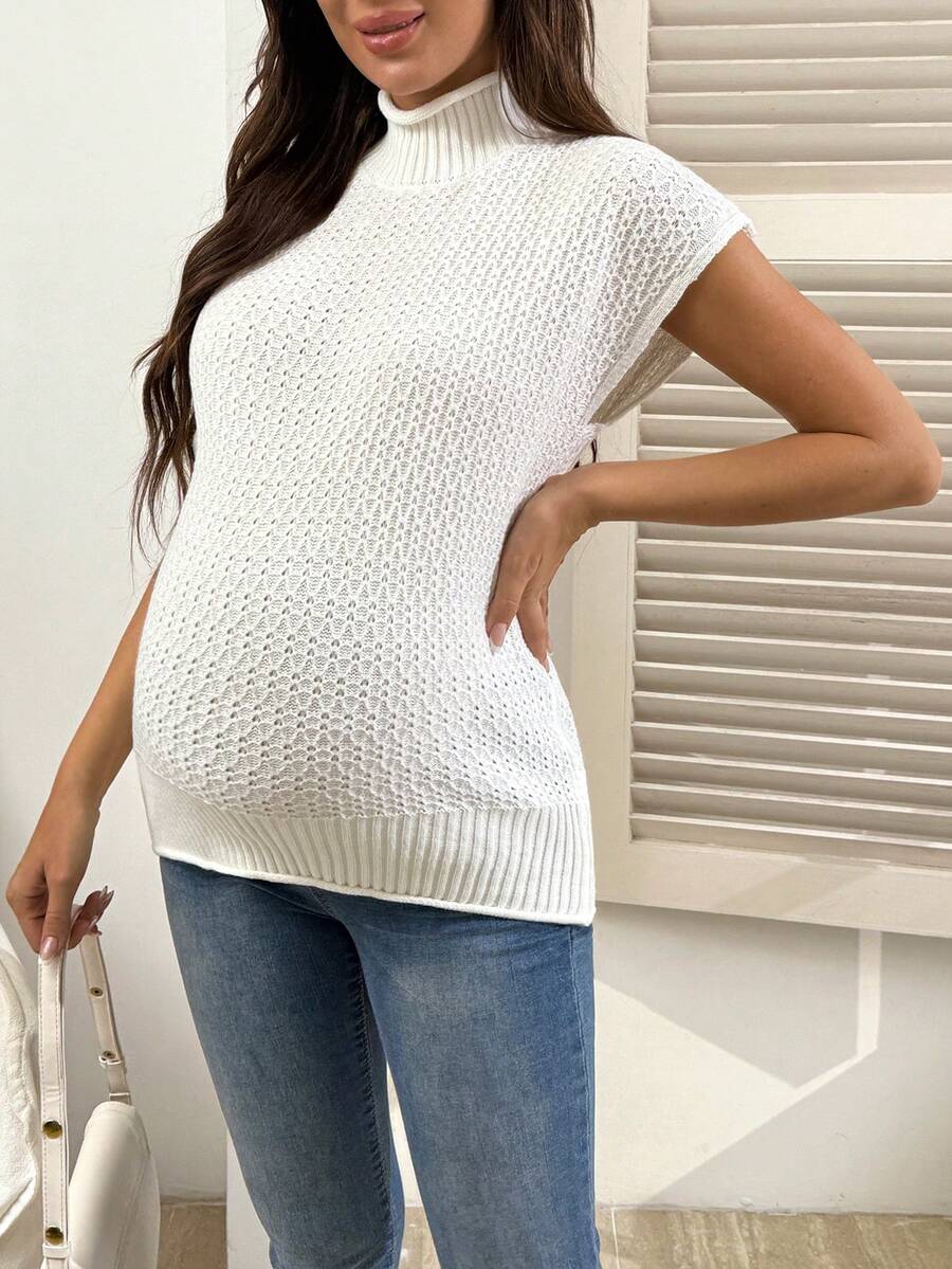 SHEIN Chaleco de punto sin mangas con cuello alto para maternidad, unicolor - Beis - Ver 1