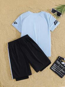 SHEIN 2pcs Tween Boy Splice Sports Textured Vertical Stripe Pattern Short Sleeve T-Shirt And Shorts Set,Kids - Blue - View 2