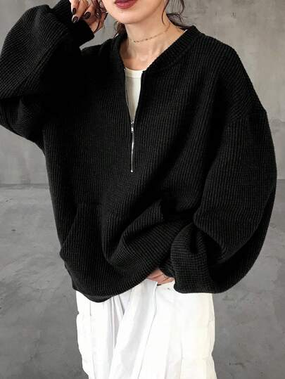 FRIFUL 女士宽松半拉链华夫格针织纯色金属拉链装饰长袖T恤