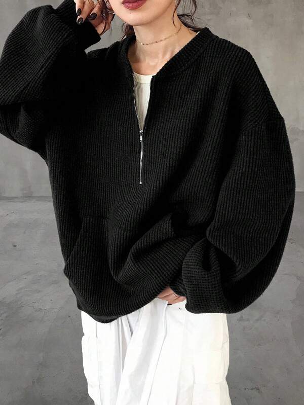 FRIFUL Women's Oversized Half-Zip Waffle Knit Solid Color Metal Zipper Decor T-Shirt Long Sleeve Women