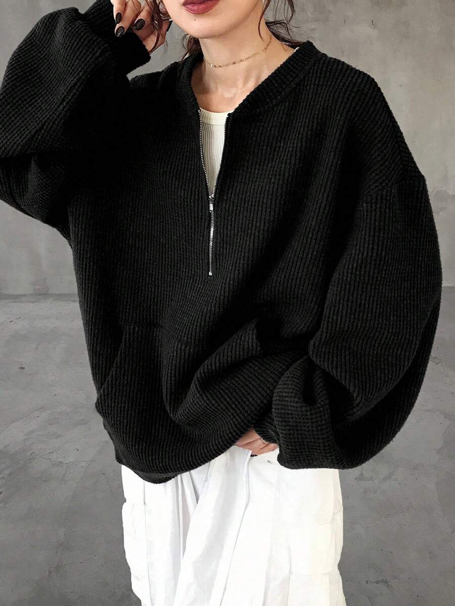 FRIFUL 女士宽松半拉链华夫格针织纯色金属拉链装饰长袖T恤