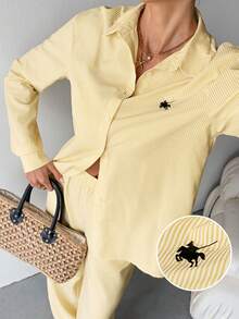 SHEIN Tall 女式新款西部牛仔马标志条纹刺绣宽松衬衫和裤子套装 - 黃色 - 查看 3